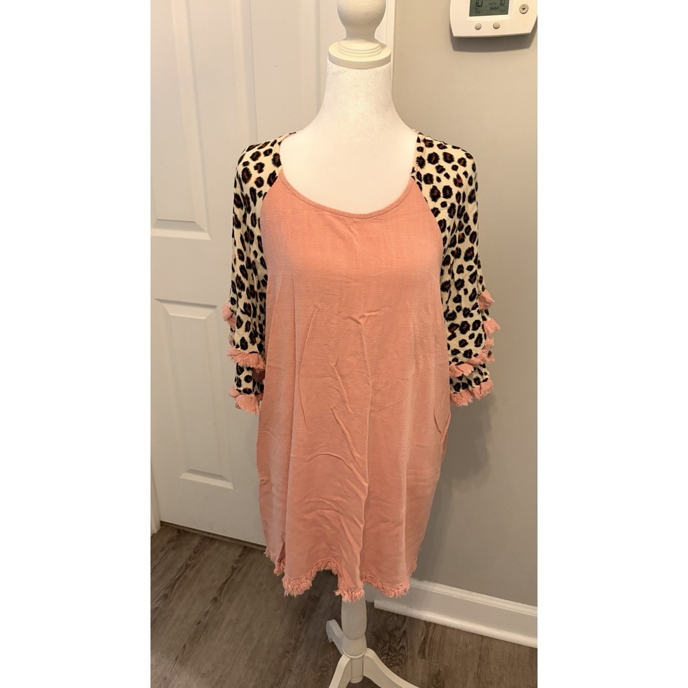 Umgee Tunic Dress Women 1XL Leopard Print Flutter Sleeve Fringe Trim Western EUC
